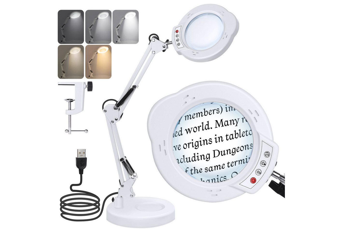 QUBEBU LED Schreibtischlampe 10X Lupe LED Schreibtischlampe mit Klemme Schwenkarm-Architektenlampe, 1 Kits, Dimmbar in 5 Farben, verstellbarer Standfuß, 360° schwenkbar., für Arbeit, Lesen, Hobbys, Nähen, Basteln, Juweliere, Modellbau von QUBEBU