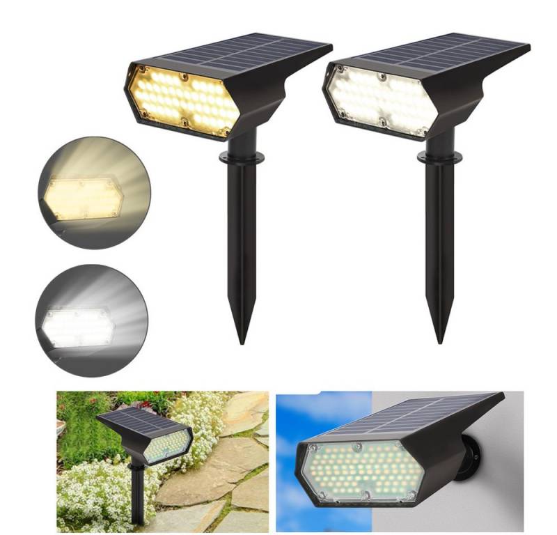 QUBEBU Strahler 2er-Set LED Solarleuchte Wasserdicht Gartenleuchte Automatisch Ein/Aus (6000K Kaltweiß + 3000K Warmweiß, einstellbarem Winkel, 2-St., Wasserdicht Solar Gartenleuchten Außen Solarleuchten für Weg Garage) von QUBEBU