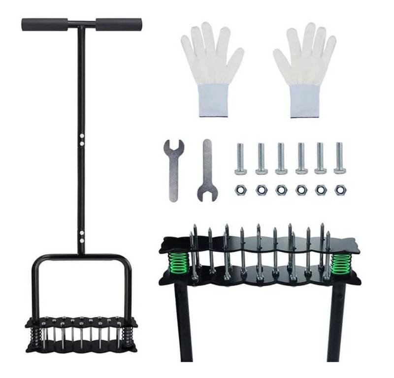 QUBEBU Vertikutierer Handvertikutierer Aerifizierer für Rasen Manuelle Vertikutierung, 28 cm Arbeitsbreite, (Spar-Set, 1-tlg., mit 14 Langlebigen Spikes, T-Griff, Abnehmbares, 90 x 28,3 cm), für Hof, Rasen Belüftung, Garten Werkzeug, Patentiert von QUBEBU