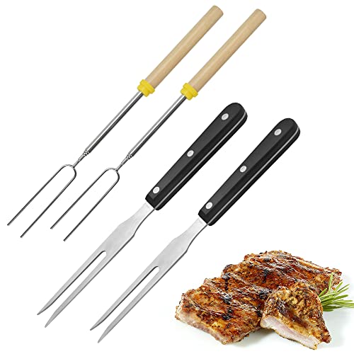 QUCUMER 4 Stücke Bratengabel Fleischgabel Edelstahl Barbecue Sticks Ausziehbar 31-81cm Tranchiergabel Grillgabel Edelstahlgabeln Marshmallow spieße Holzgriff Bratstäbe für BBQ Fleisch Braten Hot Dogs von QUCUMER