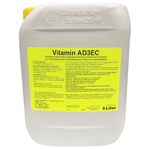 Vitamin AD3EC (A D3 E C) 5 Liter, flüssiges Ergänzungsfuttermittel Vitaminkonzentrat für alle Tierarten zur zusätzlichen, kurzfristigen Vitamin-Versorgung von QUEBAg
