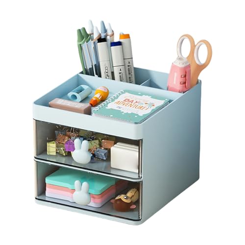 QUEENYARD Transparente Cartoon-Schubladenaufbewahrungsbox, kreative Cartoon-Kaninchen-Griff-Design, Aufbewahrungsbox mit 2 Ebenen transparenter Schublade für Schreibtisch-Organisation und von QUEENYARD