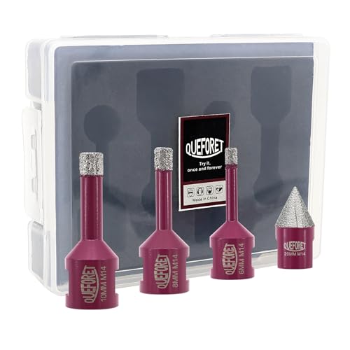 QUEFORET Diamant Fliesenbohrer Set 4 Stücke - 3 Stücke 6/8/10mm x M14 Bohrkronen, 1 Stück 20mm Fasenfräser für Fliesen Keramik Porzellan Marmor Granit, für Winkelschleifer von QUEFORET