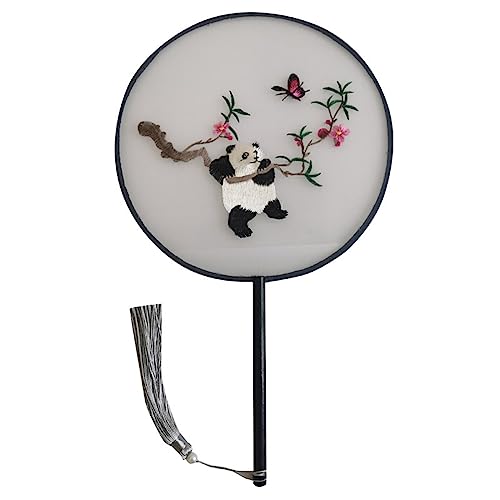 Runder Fächer mit chinesischer Stickerei, Runder Fächer, Handfächer mit süßem Panda-Motiv, halbtransparenter Handfächer aus Seide mit Holzrippe von QUEMUONN