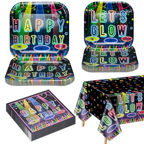Glow Neon Party Dekorationen für 20 Gäste, beinhalten Happy Birthday Pappteller, Let's Glow Pappteller, Servietten Tischdecke für Kindergeburtstag Party Glow in The Dark Birthday Party Supplies von QUERICKY