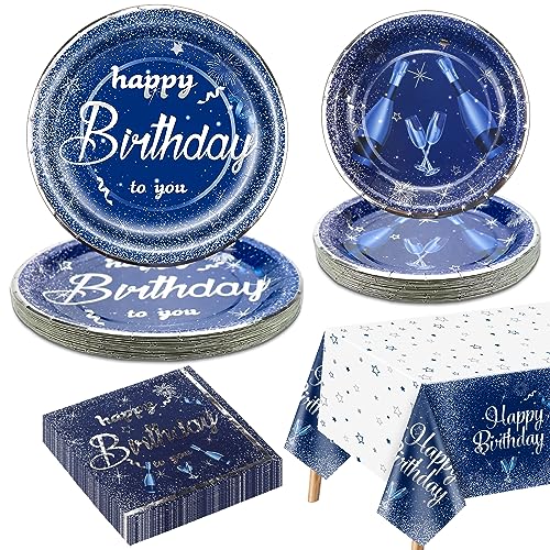 Marineblau und Silber Geburtstag Party Dekorationen für 20 Gäste, Marineblau Geschirr Set enthält blaue Pappteller, Happy Birthday Tischdecke, Servietten für Männer Frauen Geburtstag Party Dekor von QUERICKY