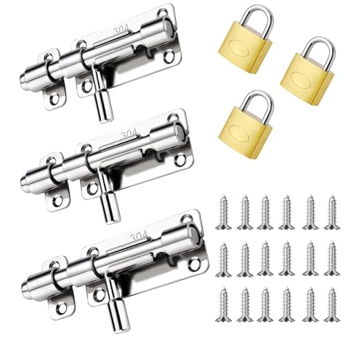 3 Stück Türriegel, Schieberiegel Riegel Tür mit 18 Schrauben,Edelstahl mit 3 Vorhängeschlössern,Doppelter Schutz für zusätzliche Sicherheit, geeignet Tore, Schlafzimmer und Fenster(Silber) von QUEXLAI