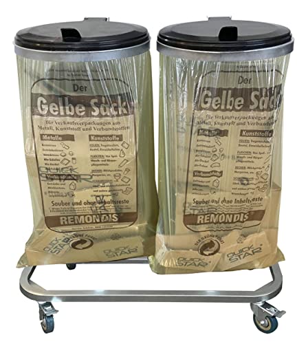 QUICK STAR Doppel Müllsackständer mit Deckel und 4 Rollen | Metall Müllsackhalter 120 Liter | Stabiler Müllsack Ständer - Verzinkter Stahl | Müllbeutelhalter Gelber Sack 120L | Mobiler Abfallbehälter von QUICK STAR