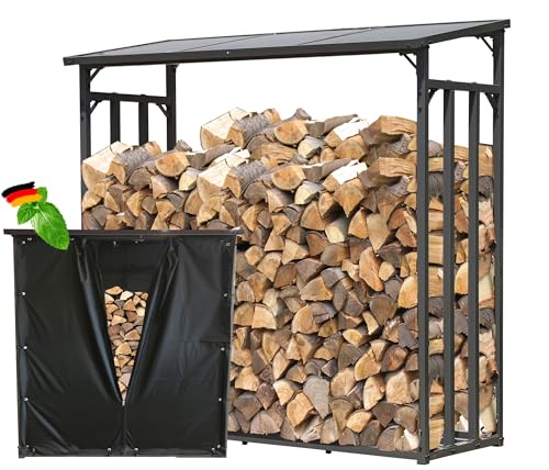 QUICK STAR Metall Kaminholzregal Anthrazit 143 x 70 x 145 cm Garten Kaminholzunterstand 1,4 m³ / 2 Schüttraummeter Stapelhilfe Aussen mit Wetterschutz Schwarz von QUICK STAR