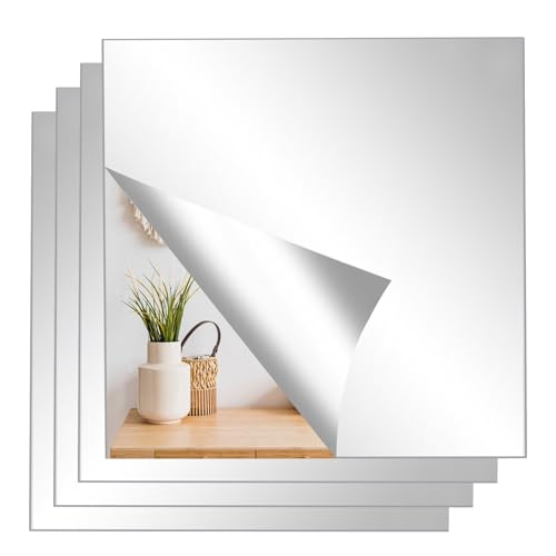 QUIIEOSKIA 4 Stück Klebespiegel, Selbstklebende Spiegel zum Aufkleben, 20 x 20 cm, Acryl-Wandspiegel, 2 mm dick, dekorative Spiegelfolie, Wandspiegel für Badezimmer, Wohnzimmer, Schlafzimmer, Schrank von QUIIEOSKIA