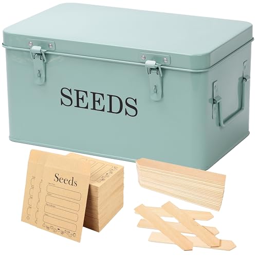 QUILIVIK Saatgut-Sparbox, Metall-Samenbehälter, Samen-Aufbewahrungsbox, Samenpaket-Behälter mit Deckel, Samen-Umschlag-Aufbewahrungsbox, 4 Fächer, Gartensamenbehälter mit Sicherheitsschlössern, Grün von QUILIVIK