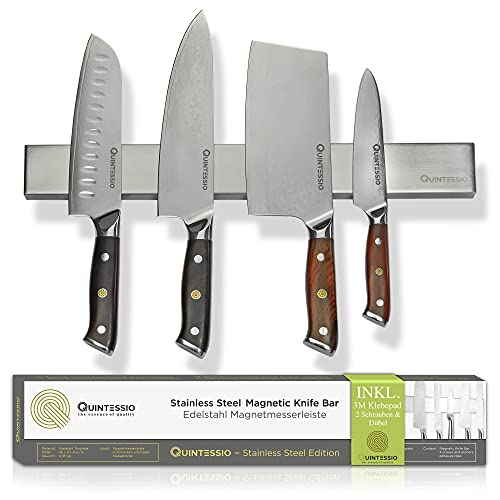 QUINTESSIO - Magnetleiste Messer Edelstahl - Magnet Messerhalter selbstklebend oder zum Bohren - Messerhalter magnetisch 40 cm - Messer Magnetleiste Küche - Messerleiste magnetisch - Silber von QUINTESSIO