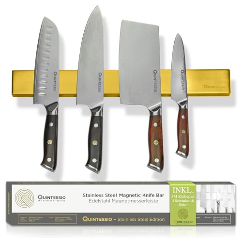 QUINTESSIO - Magnetleiste Messer selbstklebend Edelstahl - Messer Magnetleiste zum Kleben oder Bohren - Messerhalter magnetisch 40 cm - Messerleiste für alle Haushalte - Magnetleiste gold von QUINTESSIO