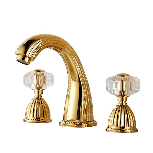 Badarmatur Wasserhahn Goldenes Kristall-Dreiloch-Waschbecken Geteilter Wasserhahn Badezimmerschrank Vollkupfer-Waschbecken Unter Dem Aufsatzbecken Heißer Und Kalter Wasserhahn Gold von QUINTO