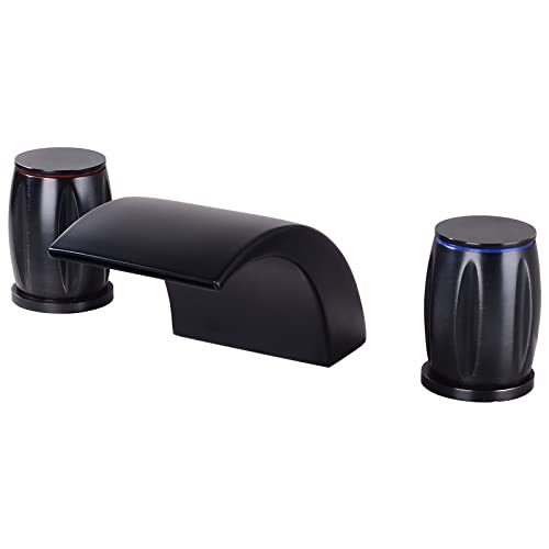 Wasserhahn Becken-Wasserfall-Wasserhahn Warmer Und Kalter Vollkupfer-Badewannen-Waschtisch-Wasserhahn Doppelgriff Drei-Loch-Unterbau-Waschtisch-Wasserfall-Wasserhahn Schwarz von QUINTO