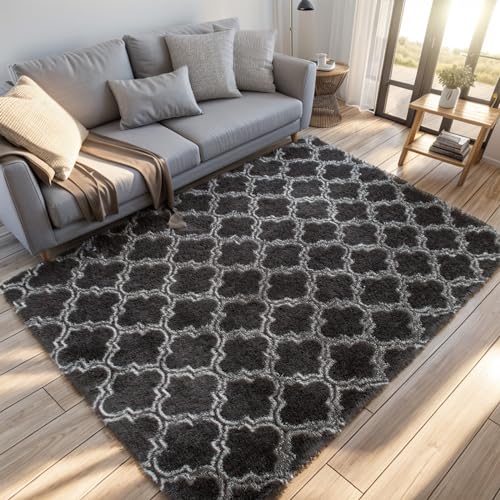 QUINZI 120X180 Teppich Zottelteppich Rutschfester Teppich Wohnzimmer Teppich Schlafzimmer Teppich Modern Teppich Esszimmer Teppich (Dunkelgrau) von QUINZI