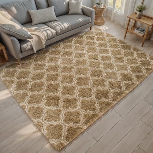 QUINZI Komfortabler Teppich Zottelteppich Rutschfester Teppich Wohnzimmer Teppich Schlafzimmer Teppich Modern Teppich Esszimmer Teppich (Khaki, 80x160cm) von QUINZI