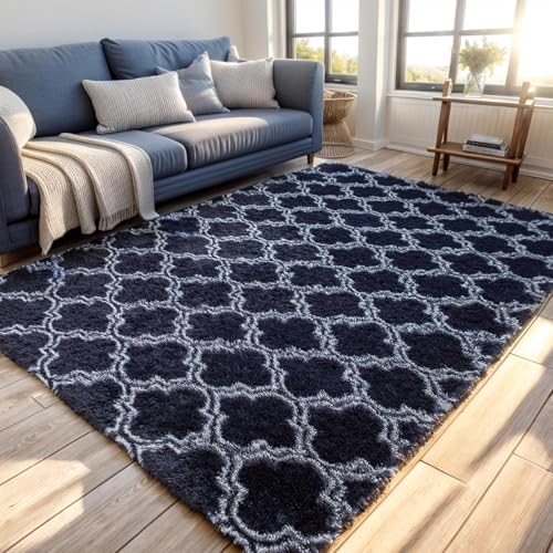 QUINZI Teppich 180X270 Zottel Rutschfester Teppich Wohnzimmer Schlafzimmer Modern Esszimmer (Marineblau) von QUINZI
