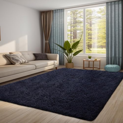 QUINZI Teppich Wohnzimmer Schlafzimmer weicher zotteliger Teppich moderner Flauschiger Teppiche Rutschfester waschbarer Teppich (Dunkelblau, 120x180cm) von QUINZI