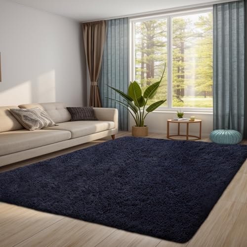 QUINZI Teppich 160x230 Wohnzimmer Schlafzimmer weicher zotteliger Teppich moderner Flauschiger Teppiche Rutschfester waschbarer (Dunkelblau) von QUINZI