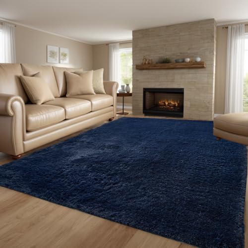 QUINZI Teppich 180x270 Wohnzimmer Schlafzimmer weicher zotteliger Teppich moderner Flauschiger Teppiche Rutschfester waschbarer Teppich (Dunkelblau) von QUINZI