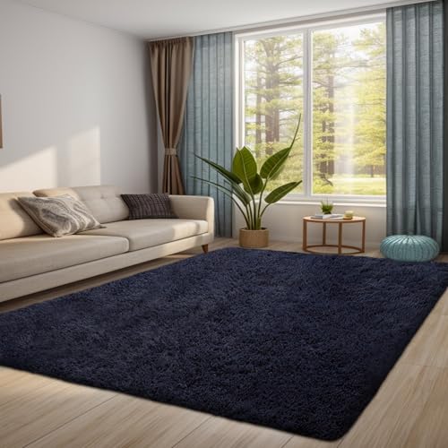 QUINZI Teppich Wohnzimmer Schlafzimmer weicher zotteliger Teppich moderner Flauschiger Teppiche Rutschfester waschbarer Teppich (Dunkelblau, 80x160cm) von QUINZI