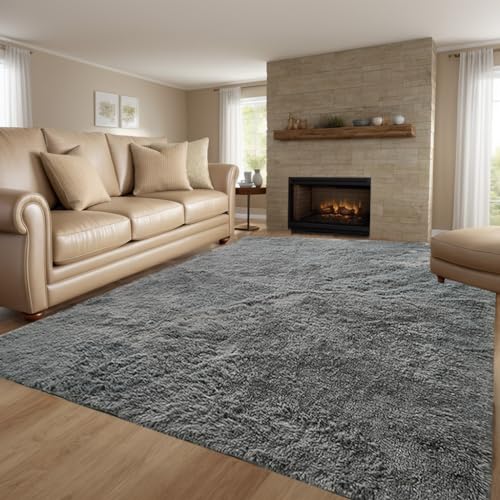 QUINZI Teppich Wohnzimmer Schlafzimmer weicher zotteliger Teppich moderner Flauschiger Teppiche Rutschfester waschbarer Teppich (Dunkelgrau, 120x180cm) von QUINZI
