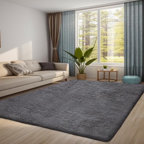 QUINZI Teppich 160x230 Wohnzimmer Schlafzimmer weicher zotteliger Teppich moderner Flauschiger Teppiche Rutschfester waschbarer Teppich (Dunkelgrau) von QUINZI