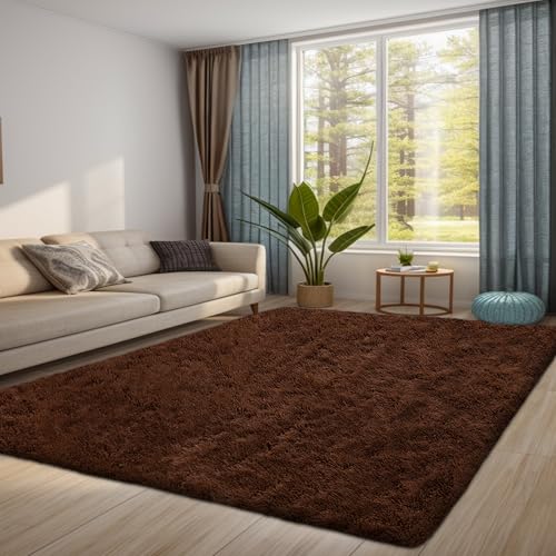 QUINZI Teppich 160x230 Wohnzimmer Schlafzimmer weicher zotteliger Teppich moderner Flauschiger Teppiche Rutschfester waschbarer Teppich (Kaffee) von QUINZI