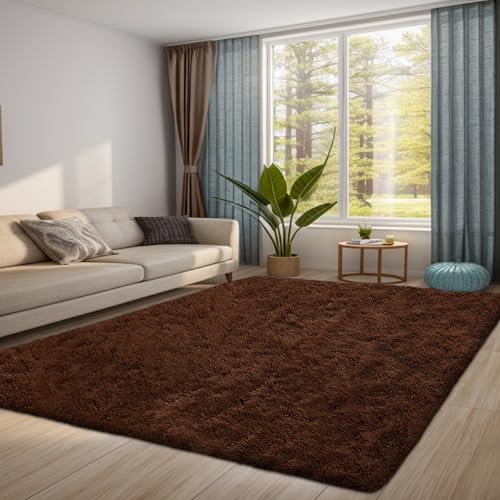 QUINZI Teppich 160x230 Wohnzimmer Schlafzimmer weicher zotteliger Teppich moderner Flauschiger Teppiche Rutschfester waschbarer (Kaffee) von QUINZI