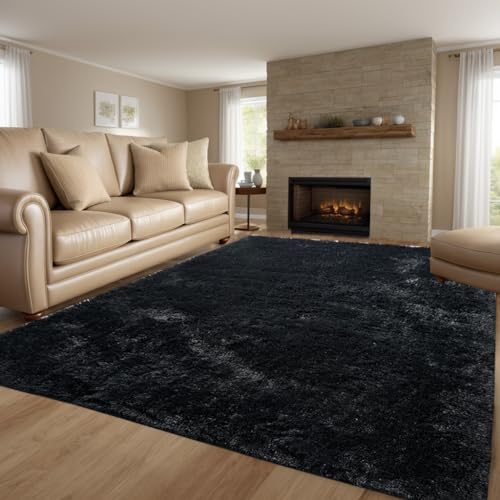 QUINZI Teppich Wohnzimmer Schlafzimmer weicher zotteliger Teppich moderner Flauschiger Teppiche Rutschfester waschbarer Teppich (Schwarz, 120x180cm) von QUINZI