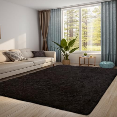 QUINZI Teppich 180x270 Wohnzimmer Schlafzimmer weicher zotteliger Teppich moderner Flauschiger Teppiche Rutschfester waschbarer Teppich (Schwarz) von QUINZI