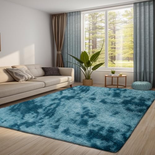 QUINZI Weiche Teppich Hochflorteppiche Moderne Flauschige Teppich Schlafzimmer Wohnzimmer Kinderzimmer Zottelteppiche rutschfeste teppiche（Blau，80x160cm） von QUINZI