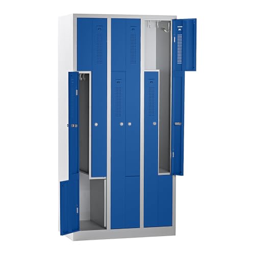 QUIPO eurokraft | Basic | Z-Garderobenschrank | Breite 870 mm | 3 Abteile | 6 Türen | Türfarbe Enzianblau | Korpus lichtgrau von QUIPO