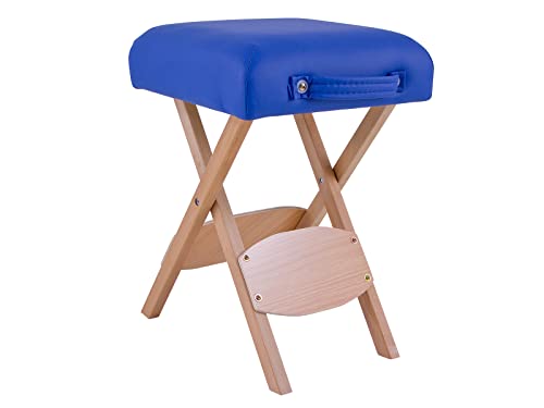 QUIRUMED Klapphocker aus Holz mit Sitz, blau gepolstert, vielseitig einsetzbar, Beistelltisch, Fußstütze, Kunstleder, transportabel, bis 100 kg, 33 x 33 x 48 von Quirumed