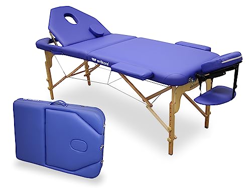 WELLCORE Faltbare Massageliege aus Holz, mit aufklappbarer Rückenlehne, Plus, 185 x 65 cm, Kunstleder, höhenverstellbar, Abnehmbarer Kopf, Gesichtsloch, Blau, bis 225 kg von Quirumed