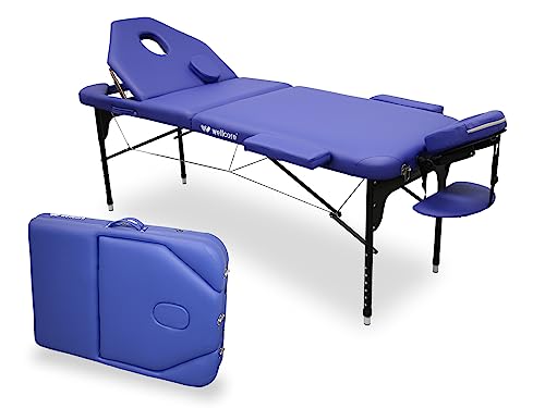 WELLCORE Klappliege aus Aluminium, mit aufklappbarer Rückenlehne, 185 x 65 cm, Kunstleder, höhenverstellbar, Gelenkkopf, Gesichtsloch, Blau, Transporttasche, bis 225 kg von Quirumed