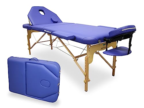WELLCORE Massageliege, klappbar, mit aufklappbarer Rückenlehne, aus Holz, Kunstleder, 195 x 70 cm, höhenverstellbar, Abnehmbarer Kopf, Gesichtsloch, Blau, bis 225 kg von Quirumed