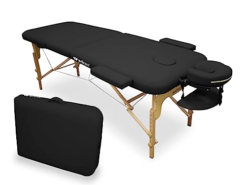 WELLCORE Massageliege, klappbar, aus Holz, Kunstleder, 185 x 65 cm, höhenverstellbar, abnehmbarer Kopf, zwei Erweiterungsarme, Gesichtsloch, Schwarz, bis 225 kg von Quirumed