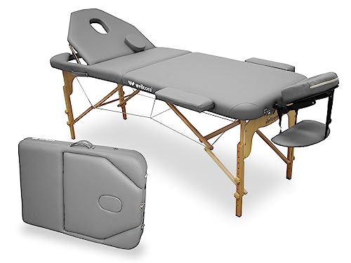 WELLCORE Faltbare Massageliege aus Holz, mit aufklappbarer Rückenlehne, Plus, 185 x 65 cm, Kunstleder, höhenverstellbar, abnehmbarer Kopf, Gesichtsloch, Silber, bis 225 kg von Quirumed