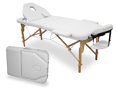 WELLCORE Massageliege aus Holz, klappbar, mit klappbarer Rückenlehne, Plus, 185 x 65 cm, Kunstleder, höhenverstellbar, Abnehmbarer Kopf, Gesichtsloch, Weiß bis 225 kg von Quirumed