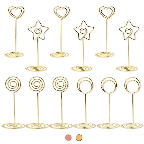 QUMENEY 12 Stück Kartenhalter Fotohalter Clip, Etikettenträger, Ständer für Hochzeitstischnummern, Pictures Fotohalter für Party Bankett Restaurants Office Memo Menü Clips Papier (Gold, 4 Formen) von QUMENEY