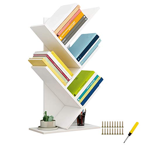 QUMENEY Tree Bücherregal, Wood Book Tower, Bücherregal mit 5 Regalen - Premium-Bücher/CDs/Alben/Aktenhalter, Display-Regalregal-Organizer-Regale für Zuhause, Büro (weiß) von QUMENEY