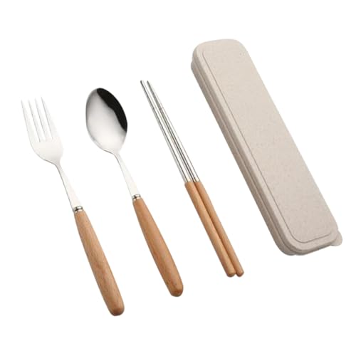 QUMIIRITY 3 Stück Teiliges Besteckset mit Holzgriff Tragbares Edelstahl Essbesteck mit Löffel Gabel Essstäbchen und Aufbewahrungsetui für Reise Camping Picknick und Zuhause von QUMIIRITY