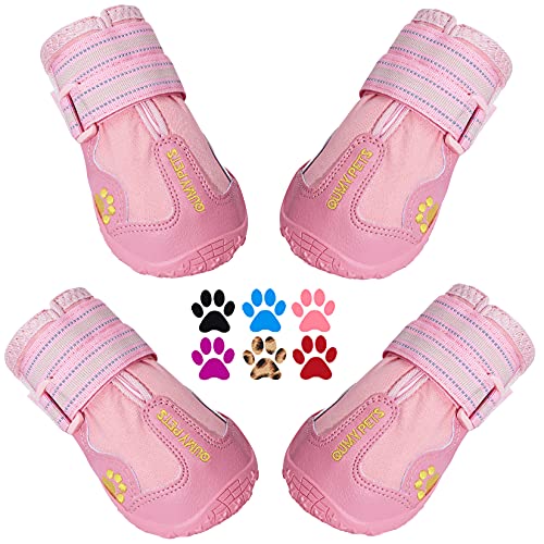 QUMY Hundeschuhe für große Hunde, mittelgroße Hundestiefel & Pfotenschutz für Winter Schnee Tag, Sommer heißer Bürgersteiger, Indoor-Hartböden Anti-Rutsch-Sohle, Rosa 1 von QUMY