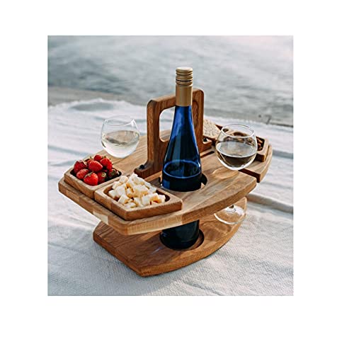QUNLING Klappbar Weintisch Camping Picknick Weintisch im Freien, Außenbereich-Holzklappbarer Schreibtisch für Außenbereich Garten Strand Party，Tragbarer Runder Weinglashalter von QUNLING