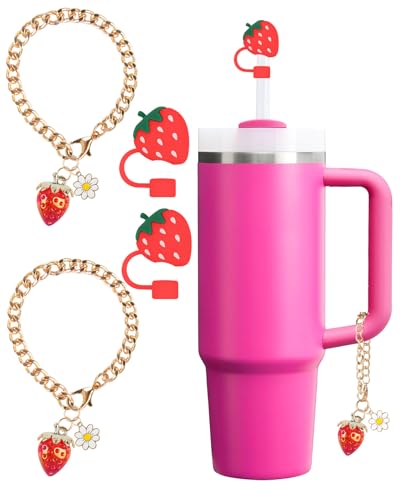 Strohhalm-Abdeckung für Stanley-Becher-Zubehör, Erdbeer-Charms für Stanley-Becher, niedliche Silikon-Trinkhalme, Topper-Abdeckungen für 76 ml Becher mit Griff, 10 mm Strohhalm-Deckelkappe (rot) von QUNNDY