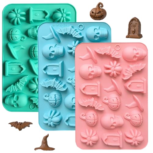 QUNXON 3 Stück Halloween Silikonformen Gummibärchen Form, Kürbisse Schokoladenform Silikon, Fledermaus Silikonform Herbst, Eiswürfelform Totenkopf, Halloween süßigkeiten, Totenkopf Backform QUNXON 3 Stück Halloween Silikonformen Gummibärchen Form, Kürbisse Schokoladenform Silikon, Fledermaus Silikonform Herbst, Eiswürfelform Totenkopf, Halloween süßigkeiten, Totenkopf Backform von QUNXON