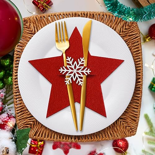 Besteckhalter Weihnachten Filz, 12 Stück Bestecktasche Rot Stern Besteckbeutel Tischdekoration, Weihnachts Schneeflocken Messer Gabeln Löffel Geschirr Besteck Taschen für Party Tisch Weihnachtsdeko von QUOHE