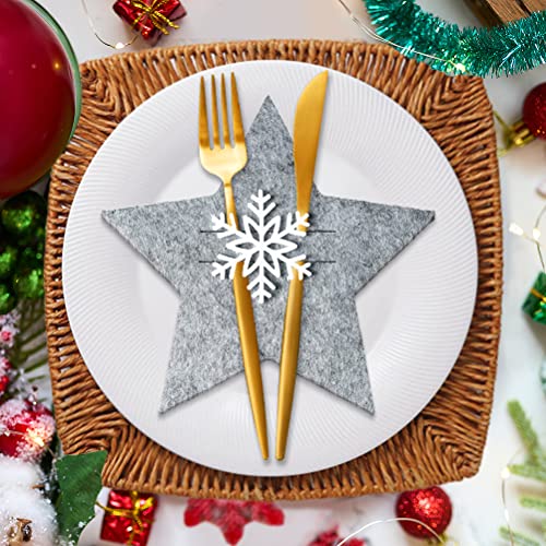 Besteckhalter Weihnachten Filz, 12 Stück Bestecktasche Stern Besteckbeutel Tischdekoration, Grau Weihnachts Schneeflocken Messer Gabeln Löffel Geschirr Besteck Taschen für Party Tisch Weihnachtsdeko von QUOHE